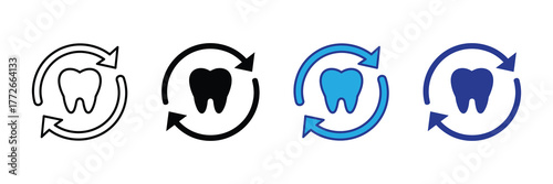 Set of four tooth icons with circular arrows, isolated on white background