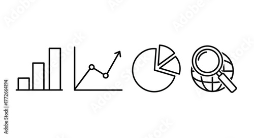 Business analytics icons bar chart line graph pie chart magnifying glass globe data insight vector