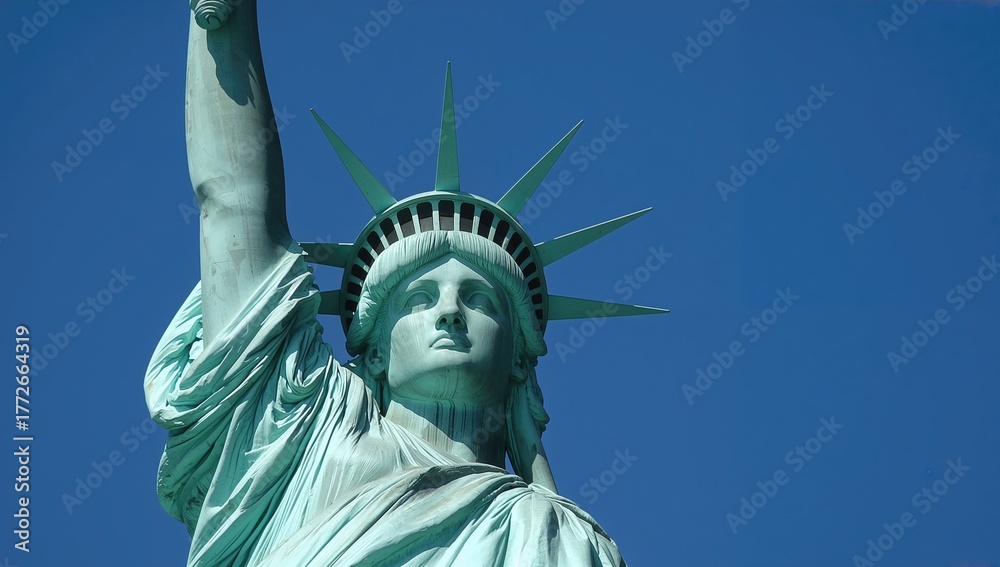 Fototapeta premium Iconic Liberty Statue. American Landmark. Close-up of Liberty's Crown. Symbol of Freedom under Clear Sky. Famous Democracy Monument.