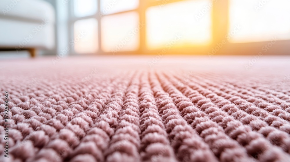 Fototapeta premium Textured Carpet in Interior: Close-up of a soft, textured carpet in a modern interior setting, bathed in the warm glow of sunlight.