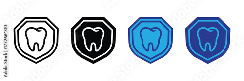 Set of four tooth icons in shield shapes, isolated on white background