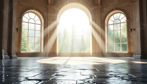 Sunlight streams through arched windows and an open doorway of an elegant, vintage style stone room, illuminating the glossy floor