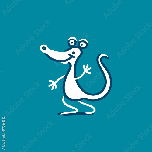 Friendly cartoon animal character illustration with a long snout and big eyes, waving hello on a vibrant teal background, whimsical and cute design.