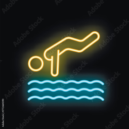 Neon sign representing a person diving into the water, with a yellow body and blue water, on a black background