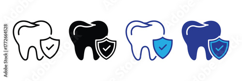 Tooth protection icon set with shield and checkmark isolated on white background