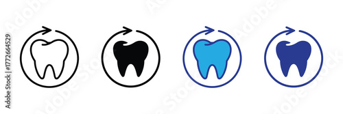 Set of four tooth icons with circular arrows, isolated on white background