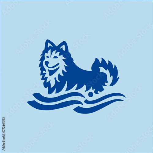 Happy blue husky-like dog icon swimming on waves. Cute smiling canine vector illustration for pet, water, or animal themes.