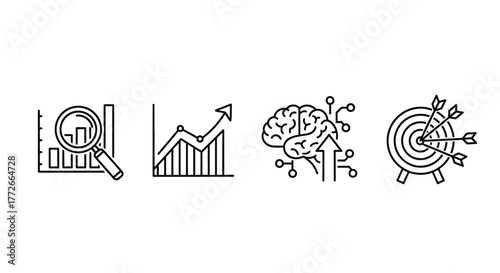 Business analytics brainstorming strategy and target achievement icons on white canvas vector
