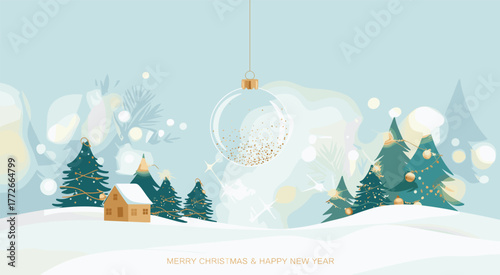 Winter holiday landscape, Christmas cabin, pine trees with lights, festive ornament, snow hills, golden glitter, seasonal greeting, serene nature, magical atmosphere