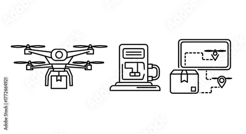 Drone delivery system with automated parcel handling and tracking technology icons vector