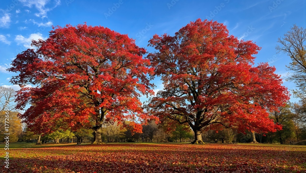 Fototapeta premium Vibrant red leaves of oak trees against a clear sky, seasonal change