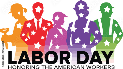 Labor Day vector illustration, American workers silhouette, patriotic celebration, construction, healthcare, business, honoring professions, USA holiday, stars and stripes theme