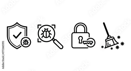 Cybersecurity icons shield bug lock broom malware protection data security cleaning and prevention vector