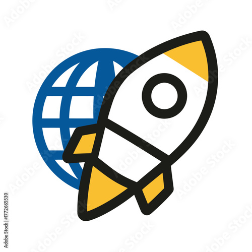 Global business launch icon with cartoon rocket and Earth globe. Flat design illustration for startup, technology, innovation, and worldwide growth concept.