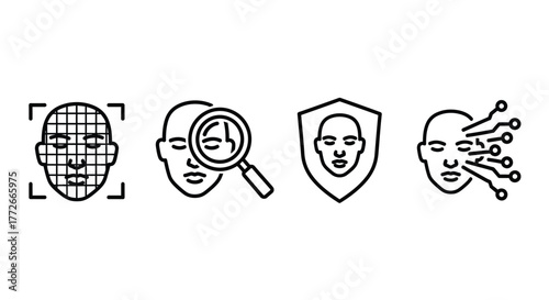 Facial recognition icons set human face biometric identification technology security analysis vector