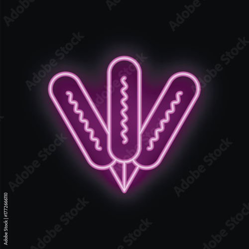 Purple neon sign illustrating three corn dogs on a stick, glowing against a black background