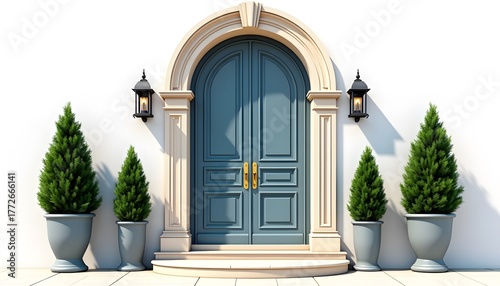 An elegant arched doorway with double blue doors and potted evergreen trees