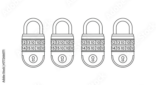 Four combination padlocks lined up security symbols digital access metal locks safety devices vector