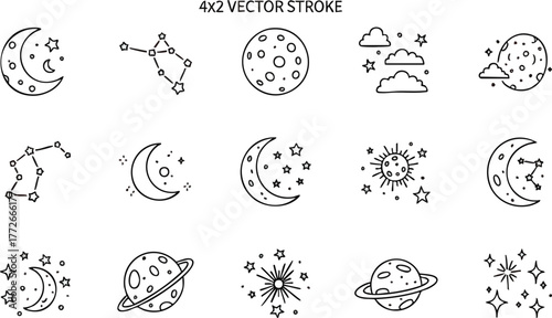 Collection of Celestial Icons and Astronomical Symbols.