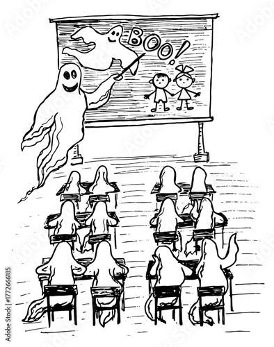 Ghost school, funny Halloween sketch. Hand drawn black vector.