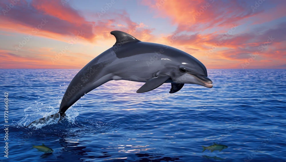 Fototapeta premium Common dolphin leaping against a sunset sky, showcasing agility and grace