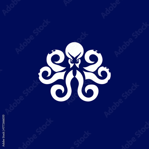 Stylized white octopus graphic on dark blue background. Modern sea creature illustration for aquatic themes, marine life, and ocean designs.
