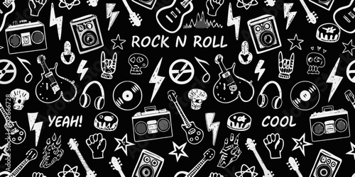 Hand drawn rock n roll doodle pattern with guitars boomboxes skulls and lightning bolts
