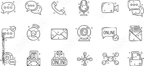 Collection of communication and technology icons in a handdrawn sketch style.