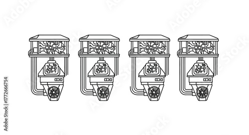 Row of four detailed architectural outdoor wall lights with ornate fixtures and clear glass lanterns vector