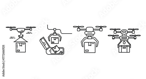 Drone delivery technology concept icons showcasing package handling and aerial logistics vector