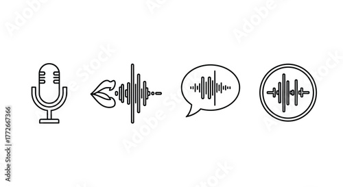 Audio waveform icons representing voice recording sound waves and communication vector