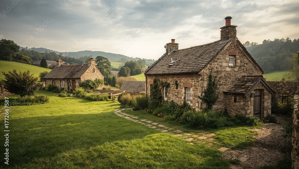 Fototapeta premium Stone cottages nestled in nature, showcasing seasonal change
