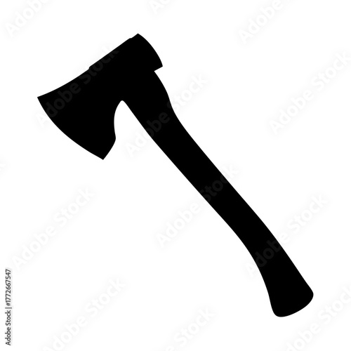 Axe tool icon in black silhouette, Black silhouette icon of an axe with a curved handle, representing chopping, forestry, woodcutting, or outdoor survival tools.
