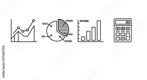 Set of hand drawn financial graphs charts and calculator icons for business analysis vector