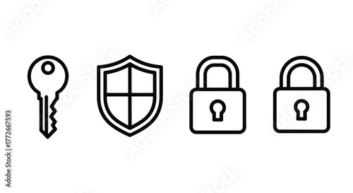 Collection of security icons including key shield and padlocks representing protection and access vector