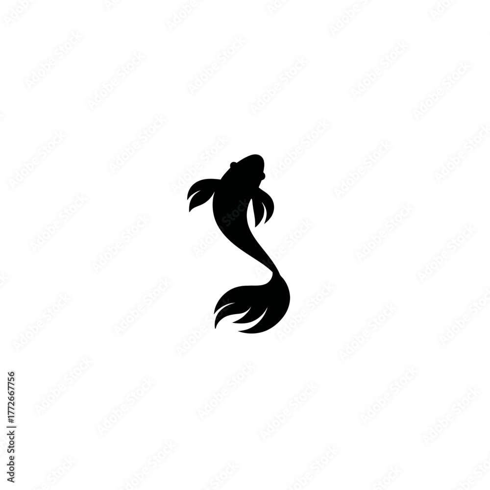 Fototapeta premium Elegant black silhouette of a graceful swimming fish with flowing fins, minimalist abstract water animal graphic design icon on white background.
