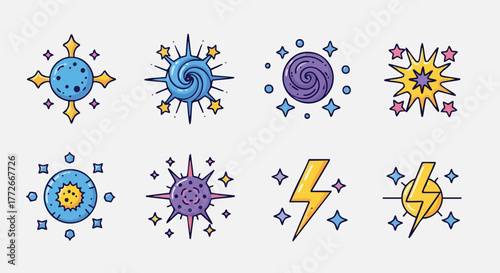 Cosmic energy bursts and celestial bodies collection.