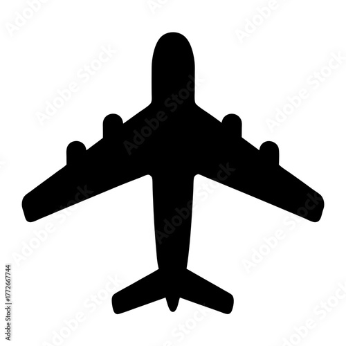 Overhead view of a jumbo jet airplane black silhouette against white backdrop