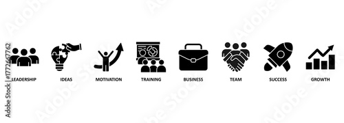 Banner learn and lead. Banner with keywords and icons