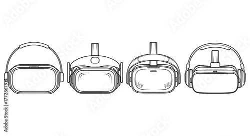 Four detailed outline drawings of virtual reality headsets showing different angles and designs vector
