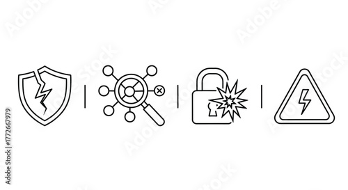 Cybersecurity icon set featuring shield lock magnifying glass and warning sign with lightning bolt vector