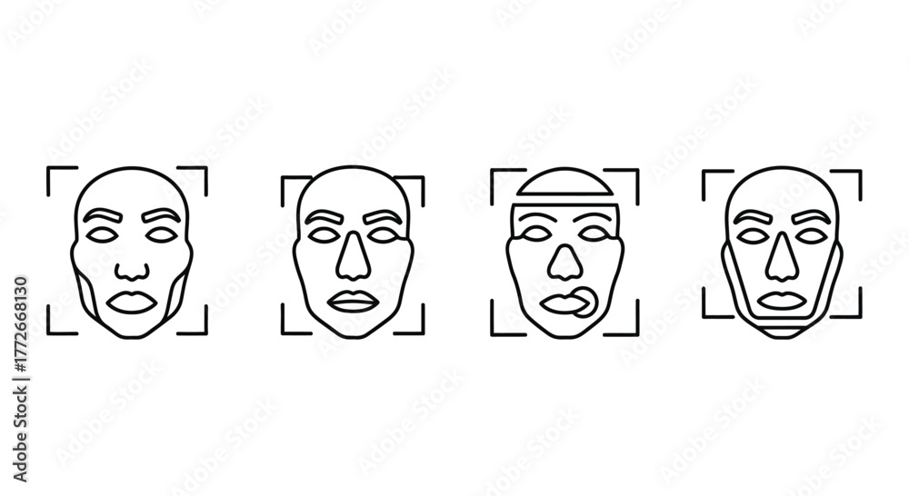 Fototapeta premium Facial recognition technology icons set human face detection system modern technology concept line art vector