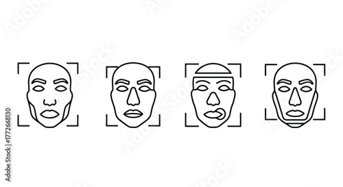 Facial recognition technology icons set human face detection system modern technology concept line art vector