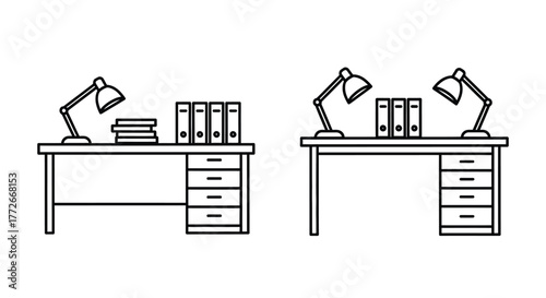 Two office desks with lamps and books in a simple line drawing style vector