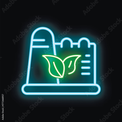 Neon icon depicting a factory with two leaves, symbolizing environmentally responsible manufacturing