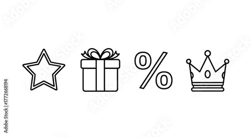Hand drawn icons representing star gift percentage discount and crown for rewards and promotions vector