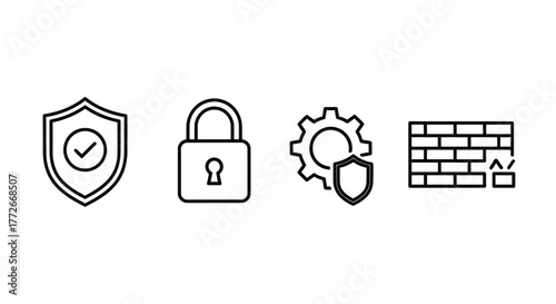 Cyber security icons shield lock settings and firewall for digital protection and data safety vector