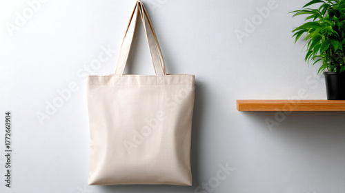 Blank tote bag hanging agai...