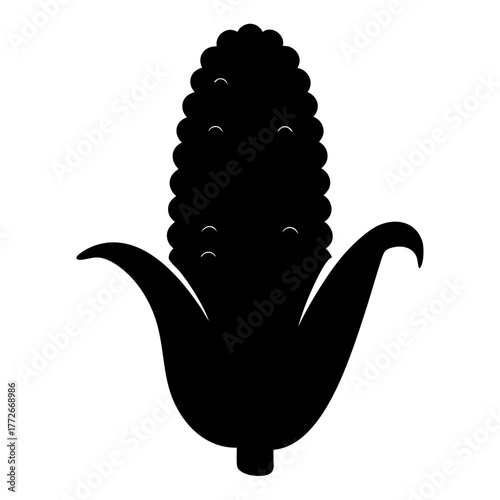 Black silhouette image showing a ear of corn with husk leaves