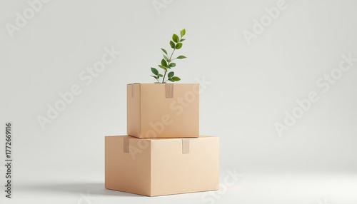 Boxes stacked together showing a new life growing from cardboard, simple minimalist composition